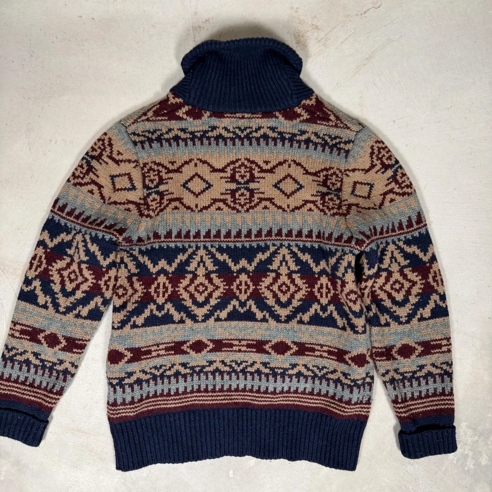Schott Bros Mens M Wool Blend Shawl‎ Collar Southwestern Fair Isle Sweater Navy